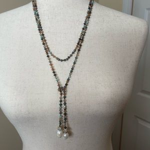 2.mm Pearls with Individual knotted matte Turq/Brown Beaded Lariat 57” N…